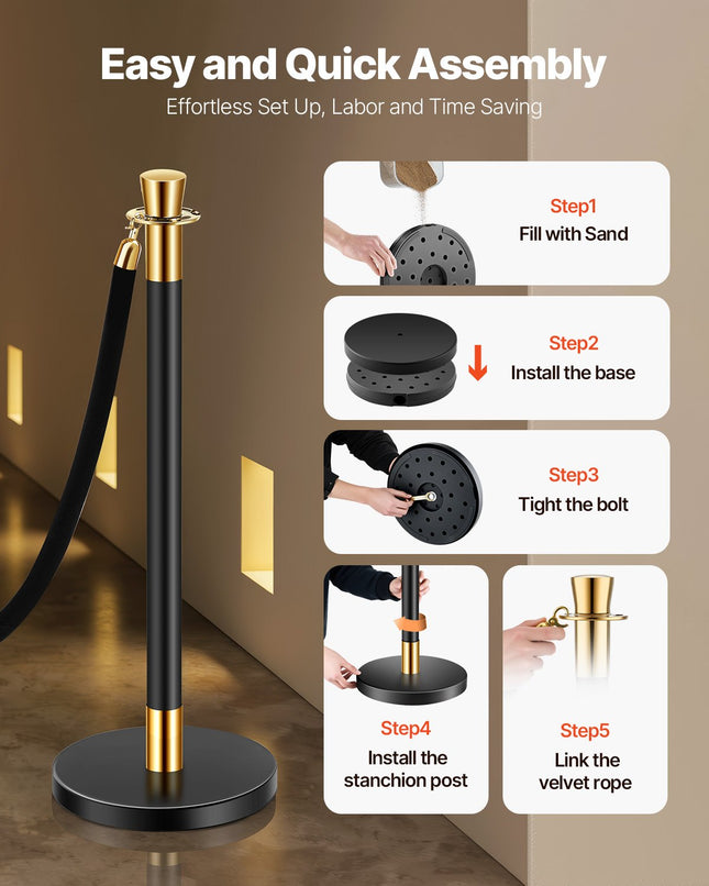 Stanchions And Velvet Ropes, 6 Pcs Crowd Control Barriers With 4 Black Velvet Ropes, Stainless Steel Stanchion Post Queue With Sand Injection Hollow Base For Theater, Wedding, Party Supplies