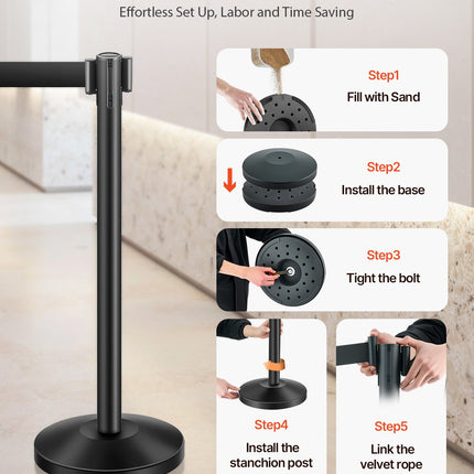 Stanchion Post, 4 Pcs Stanchions With Retractable Belts, Carbon Steel Black Stanchions Queue With Sand Injection Hollow Base, Crowd Control Barriers For Theaters, Parties, Weddings, Exhibitions