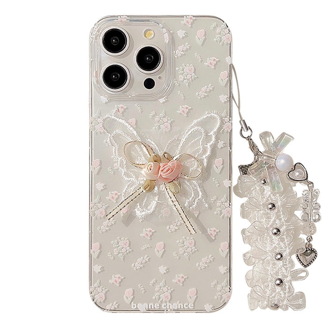 Aesthetic Embroidered Butterfly Flower Phone Case With A Transparent Lace Pendant
