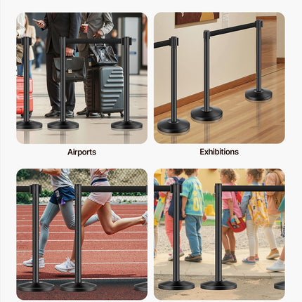 Stanchion Post, 4 Pcs Stanchions With Retractable Belts, Carbon Steel Black Stanchions Queue With Sand Injection Hollow Base, Crowd Control Barriers For Theaters, Parties, Weddings, Exhibitions
