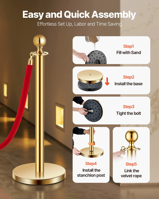 Stanchions And Velvet Ropes 8Pcs, Hollow Base With Stainless Steel Post, 6 Red Velvet Ropes And Posts, Crowd Control Barriers Gold Stanchions, Red Carpet Runner Poles For Party Supplies