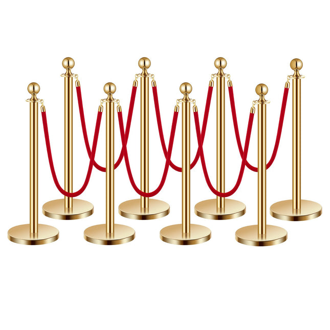 Stanchions And Velvet Ropes 8Pcs, Hollow Base With Stainless Steel Post, 6 Red Velvet Ropes And Posts, Crowd Control Barriers Gold Stanchions, Red Carpet Runner Poles For Party Supplies