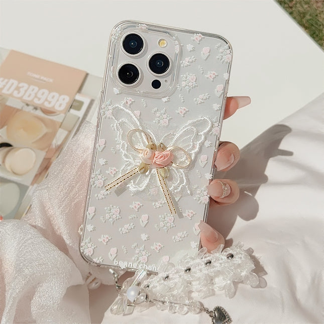 Aesthetic Embroidered Butterfly Flower Phone Case With A Transparent Lace Pendant